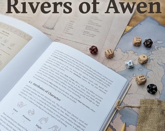 Rivers of Awen RPG Bundle, storytelling game book, dice set with bag, character sheet folder, tabletop roleplaying game, Celtic Druid Pagan