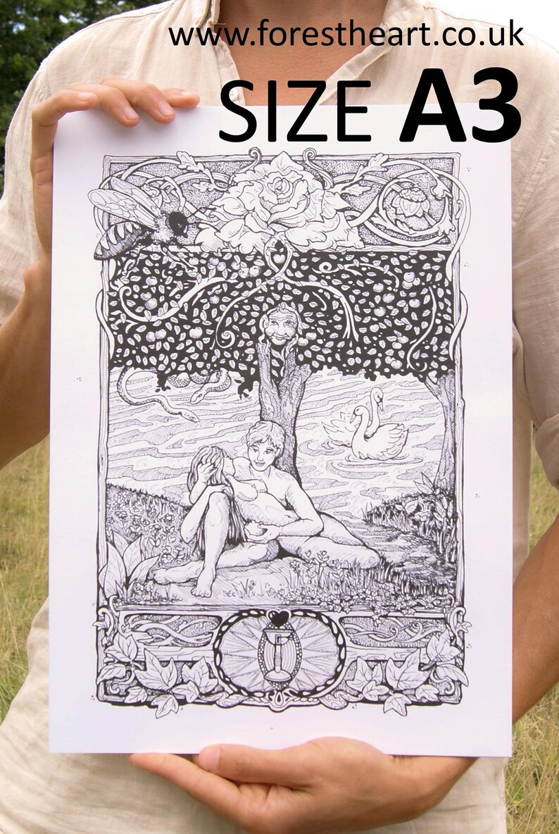 Pagan Paradise, ink pen drawing, eco-friendly art print, size A3 and A4, limited edition, Illustrated Shamanic Teachings image 4