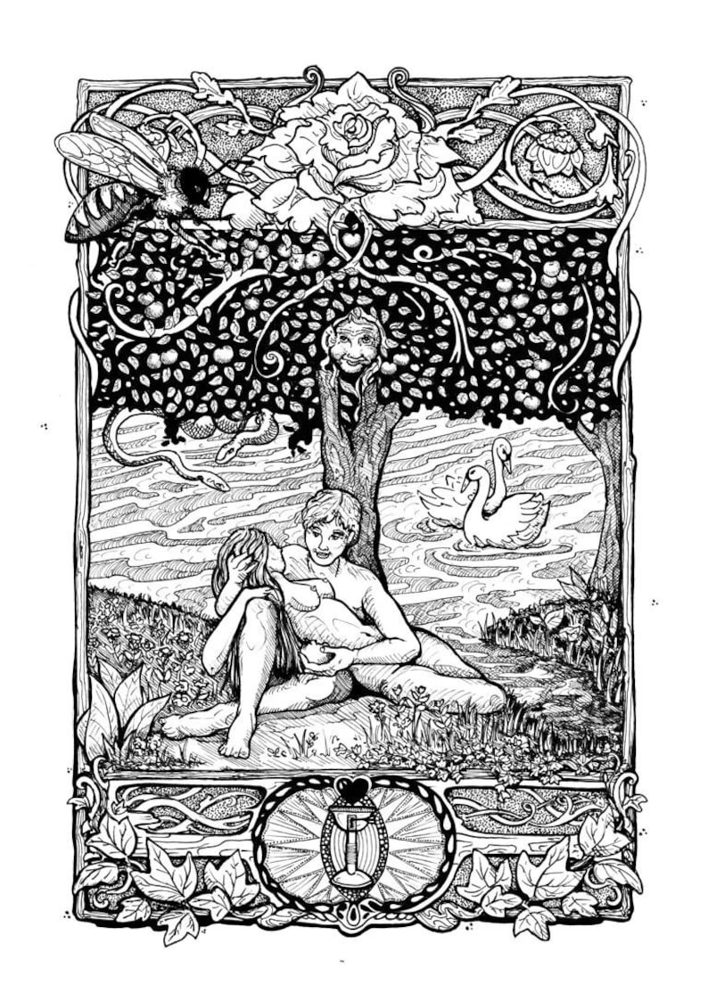 Pagan Paradise, ink pen drawing, eco-friendly art print, size A3 and A4, limited edition, Illustrated Shamanic Teachings image 2