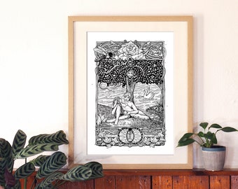 Pagan Paradise, ink pen drawing, eco-friendly art print, size A3 and A4, limited edition, Illustrated Shamanic Teachings