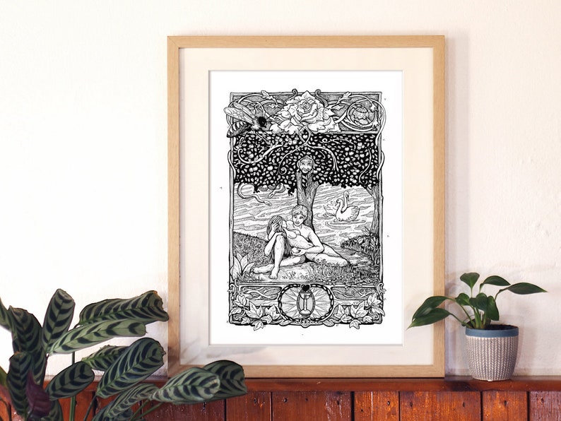 Pagan Paradise, ink pen drawing, eco-friendly art print, size A3 and A4, limited edition, Illustrated Shamanic Teachings image 1