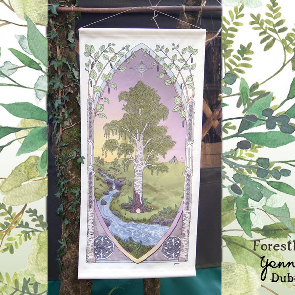 Betulla, Tree Wisdom Banner Appendere, 100 x 50 cm, ecologico, stampa in tessuto di cotone organico di alta qualità, Pagano, Celtico, Druido Ogham