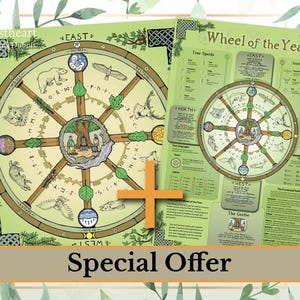 May include: A green and brown illustrated poster with the title "Wheel of the Year" and a circular diagram with the words "East", "North", "West", and "South". The poster also includes a list of "Tree Spirits" and "Animal Spirits".