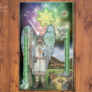 May include: A digital illustration of a winged figure with a green face holding a chalice. The figure is standing between two tall green cacti. The background features a rainbow, a star, and a group of people sitting around a fire.