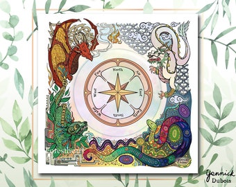 Elemental Dragons, Altar Cloth, Card Spread Cloth, ecofriendly, organic cotton canvas, 60 x 60 cm, spread cloth, tarot cloth, Pagan, Druid