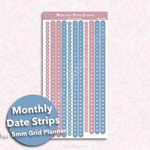 Asch Rosa Blau Monatliche Datum Streifen für 5 mm Grid Planner / Monatliches Datum Aufkleber / Funktionaler Monatliches Datum Streifen / Habit Tracker (ML-APB)