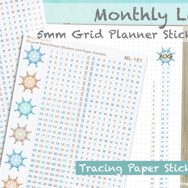 Monthly Log Clear Matte Stickers / Nautical Sea Ocean Cruise Ship Wheel Stickers / Planner Stickers / Translucent 5mm grid planner (ML-181)
