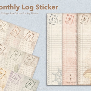 Maandelijkse sticker logboek / sticker maand in één oogopslag / vintage collage / lineaire verticale kalender Bullet Journal junk Journal / Tracker (ML-311)