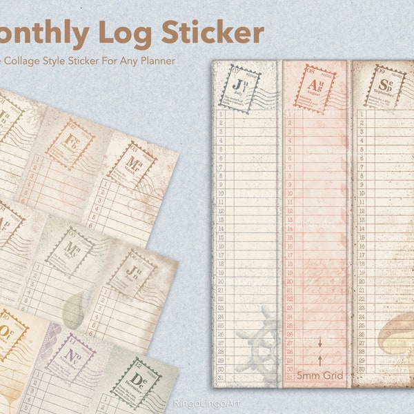 Monthly Log Sticker / Month At A Glance Sticker / Vintage Collage / Linear Vertical Calendar Bullet Journal Junk Journal / Tracker (ML-311)