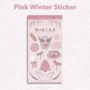 Hoja de pegatinas de invierno rosa / Quédate en casa con mi pegatina de gato / pegatina de reno rosa / pegatina de chocolate caliente / pegatina de cinta rosa (DE-3A1)