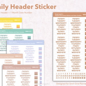 Wochentage Header Sticker / Datum Aufkleber / Datumsnummer Sticker / Datum Header / Monatliches Datum Sticker / 5 mm Grid Bujo Sticker (BWH-31)