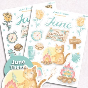 Sticker agenda juin / Clipart juin / Sticker camping chat / Sticker fleur rose jaune / Sticker feu de camp / Sticker camping chat tigré (DE-442