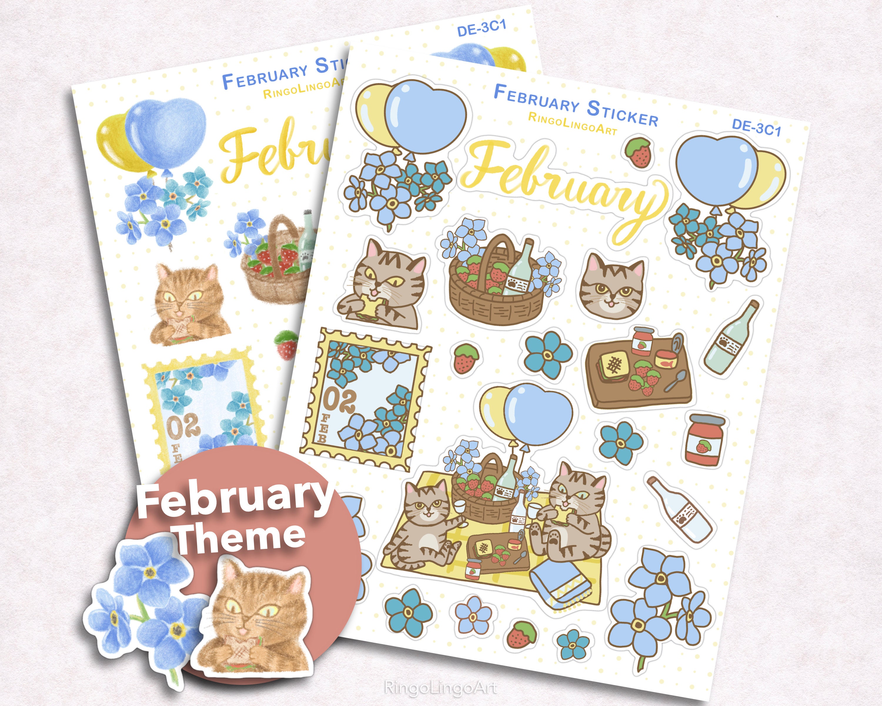 February Planner Sticker / February Clipart / Picnic Sticker /  Forget Me Not Flower Sticker / Myosotis Flower Sticker / Strawberry (DE-3C1)