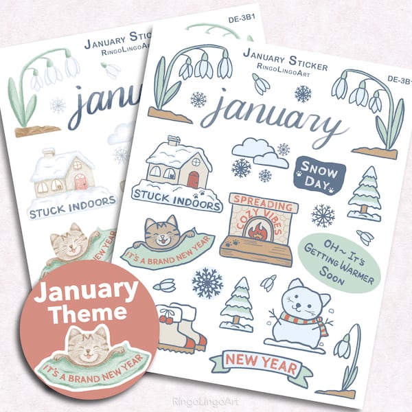 January Planner Sticker / January Clipart / Snowdrop Sticker / Stuck Indoors Sticker / Cozy Vibe Sticker / Snowy Day Sticker Sheet (DE-3B1)