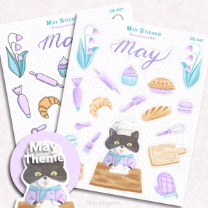 Adesivo para planejador de maio / Clipart de maio / Adesivo para padaria de gato / Adesivo para flor de lírio do vale / Adesivo para gato de smoking / Adesivo para macaron (DE-441)
