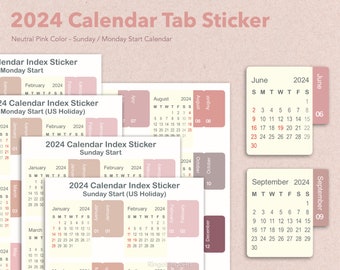 2024 Neutral Pink Calendar Index Tab Stickers for Planner/ Planner Dividers/ Slim Index Tabs/ Mini Calendar Sticker (IT24-NP)