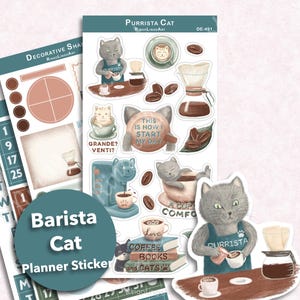 Hoja de calcomanías de barista / Calcomanía de planificador con tema de café / Calcomanía de gato y café / Calcomanía de cafetera Chemex / Calcomanía de amante del café (DE-491)