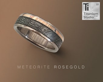 Puede incluir: Un anillo de titanio con una incrustación de meteorito y una banda de oro rosa. El anillo es una alianza.