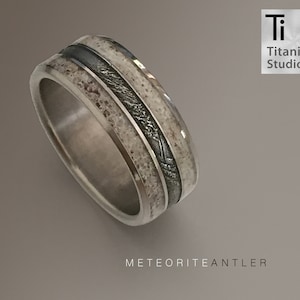 Titanium ring with Meteorite and double Antler inlay