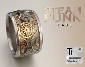 Vintage steampunk gear mens ring in titanium