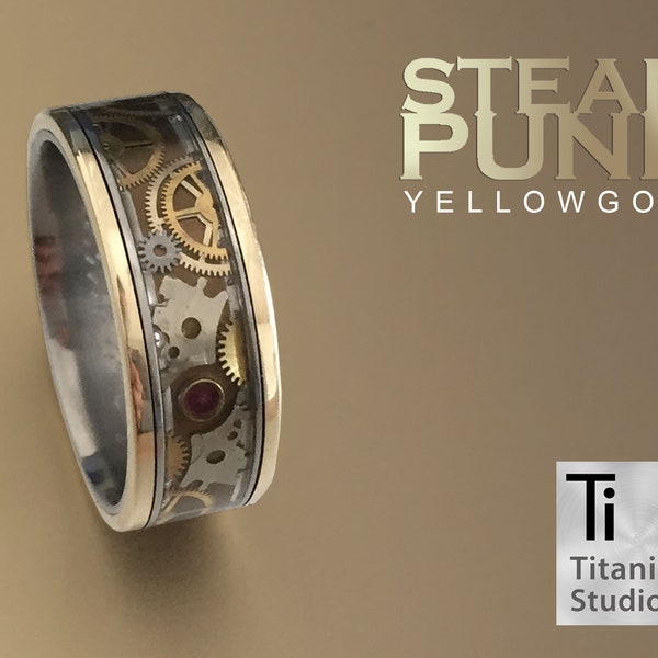 Vintage Steampunk Yellow Gold and Copper Gear Ring