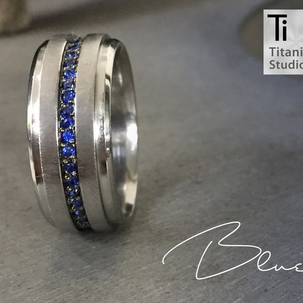 Titanium ring with Full eternity Blue Corundum Stone inlay