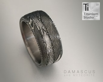 Titanium ring with Meteorite and Damascus Steel inlay