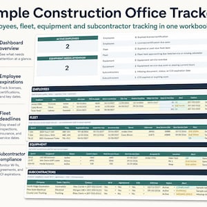 May include: A digital spreadsheet titled Simple Construction Office Tracker for monitoring employees, fleet, equipment, and subcontractors. It features a dashboard overview, employee expiration logs, fleet deadline tables, and subcontractor compliance status lists.