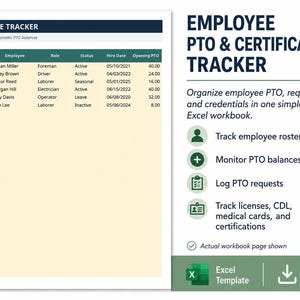 May include: An Excel spreadsheet template titled EMPLOYEE TRACKER with columns for Employee ID, Employee, Role, Status, Hire Date, and Opening PTO. The right side lists features including tracking rosters, monitoring PTO balances, and logging requests.