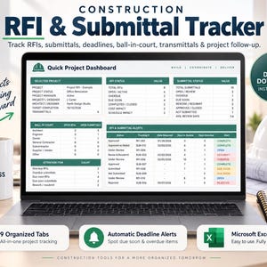 May include: A digital construction RFI and submittal tracker displayed on a laptop screen. The dashboard features tables for project status, RFI status, submittal status, ball-in-court tracking, and alerts. The interface uses green and white color schemes.