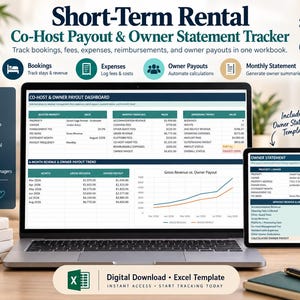 Può includere: Un modello Excel digitale per il monitoraggio dei pagamenti ai co-host e degli estratti conto dei proprietari per affitti a breve termine. Lo schermo mostra una dashboard con dati finanziari, tendenze dei ricavi e un estratto conto.