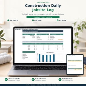 May include: A digital Microsoft Excel template for a Construction Daily Jobsite Log. The screen displays a dashboard with project data, crew hours, and site activity charts. Includes 11 organised tabs, built-in formulas, and example content.