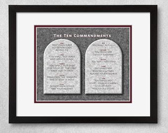 10 Commandments Gray Wall Art. A predominantly gray color theme featuring stone textures and subtle accents of deep red.