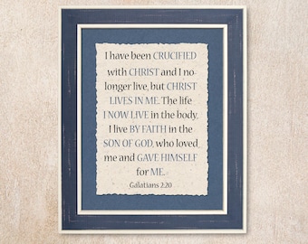 Galatians 2:20 Deckled Edge Wall Art. A central scripture on dying to self. Blue color theme.