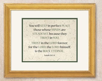 Isaiah 26:3-4 Wall Art. The promise of a perfect peace to those who trust in the Lord. Green color theme.