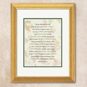 Ephesians 1:17-19 Black and Green Text on Digital Background of Textured Paper with Green and Beige Leaves.