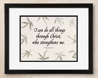Philippians 4:13 Wall Art. Empowerment through Christ to fulfill God's will. Green Color Theme.