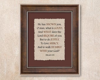 Micah 6:8 Deckle Edge Wall Art Brown Theme. A well-known verse that summarizes what God requires of believers.