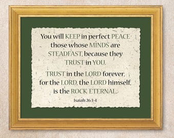Isaiah 26:3-4 Deckle Edge Wall Art. The promise of a perfect peace to those who trust in the Lord. Green color theme.