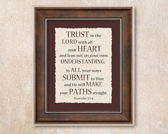 Proverbs 3:5-6 Deckle Edge Wall Art. A call for all believers to have complete dependence on God’s wisdom. Brown Color Theme.