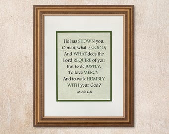 Micah 6:8 Archival Wall Art with a pale green handmade paper background. A well-known verse that summarizes what God requires of believers.