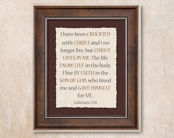 Galatians 2:20 Deckled Edge Wall Art. A central scripture on dying to self. Brown color theme.