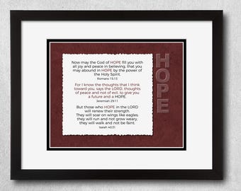 3 Inspired Verses on Hope come together in this unique design available in 3 different color schemes: Dark Maroon, Dark Green and Dark Blue.