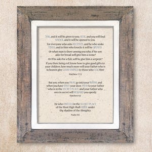 May include: A framed print with a beige background and black text. The text is a collection of bible verses about asking, seeking, knocking, praying, and dwelling in the secret place. The print is framed in a rustic brown wood frame.
