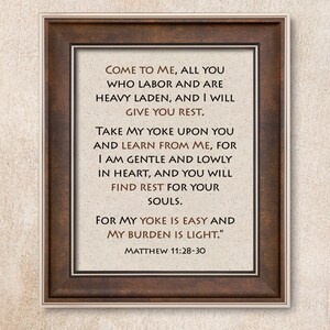 Matthew 11:28-30 Text on digital background of speckled brown and beige paper.