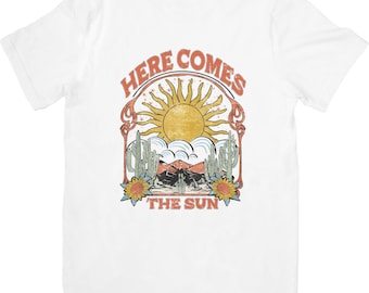 Digital Download- Here Comes the Sun Tee, Retro Style PNG, Hippie Tee, Vintage Inspired