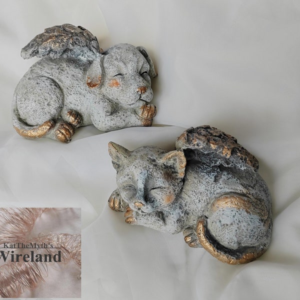 Grave figure cat and dog made of weatherproof material dog and cat with wings and gold accents