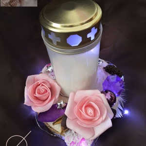 Grave arrangement with candle pink/white
