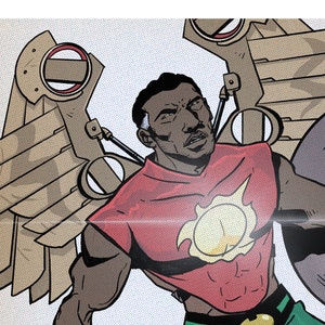 May include: A superhero with brown skin, wearing a red, green, and gold costume with mechanical wings, holding a glowing weapon. The text "SUN MAN" is at the bottom of the image.