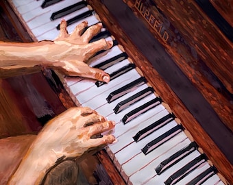 May include: An artistic depiction of hands playing a piano. The keys are white and black, with the word "HUPFELD" visible on the wooden frame. The hands are painted with warm tones, suggesting a focus on the musical performance.